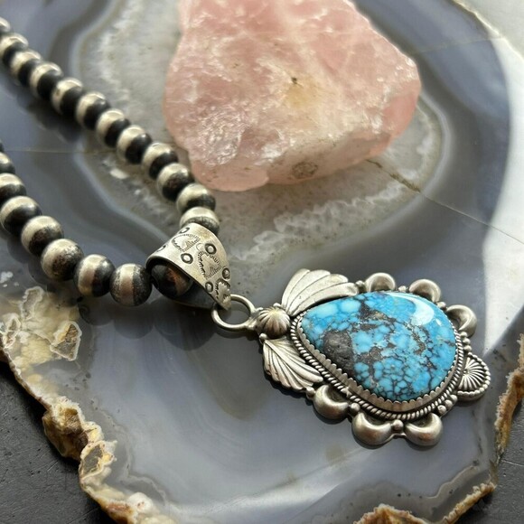 Sterling Silver Southwestern Style Wide Teardrop Kingman Turquoise Pendant - Picture 5 of 10